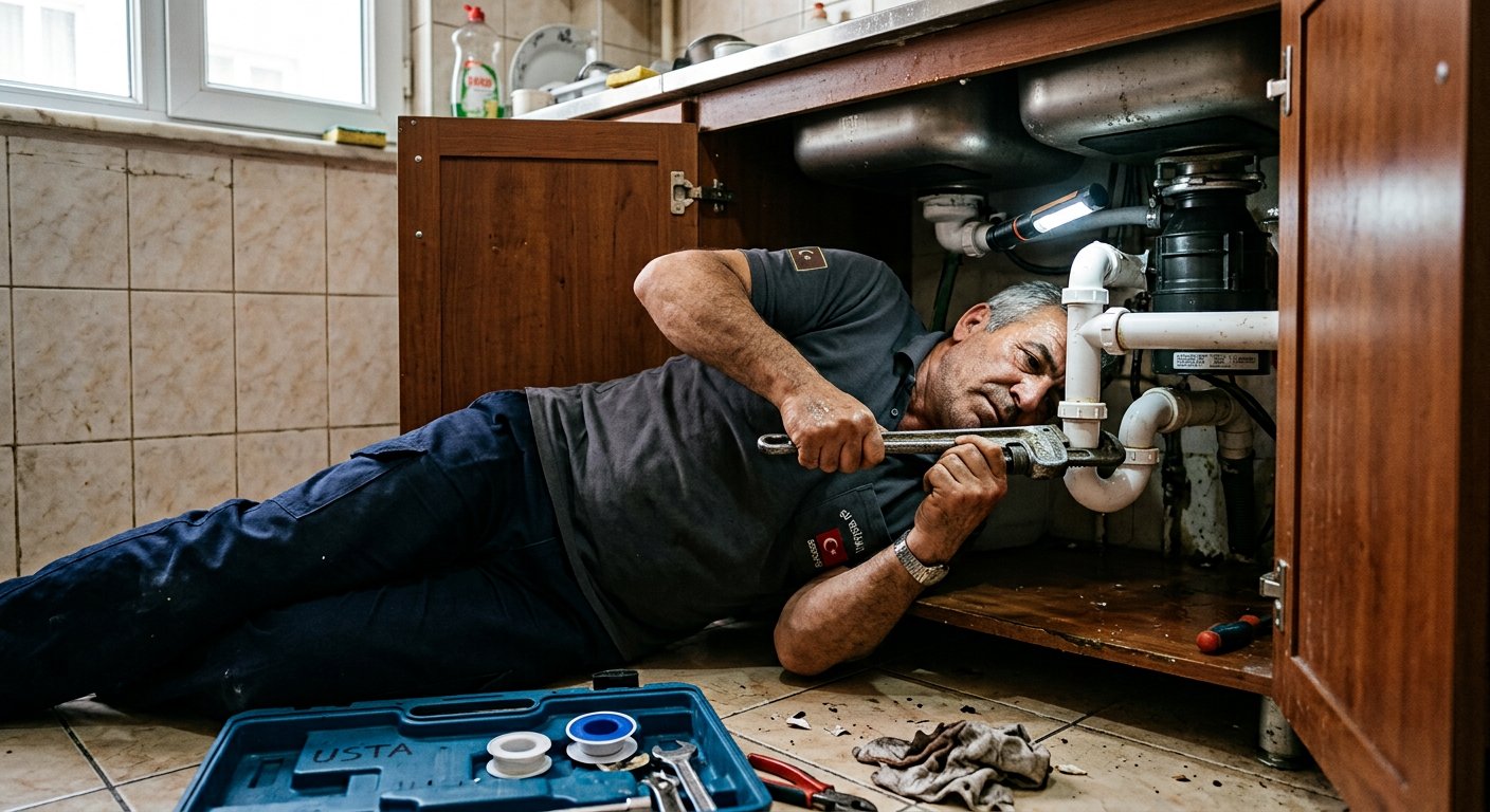 Lavabo altında boru bağlantısı tamiri yapan Hızır Tesisat ustası